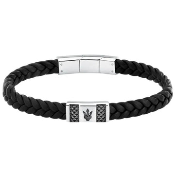 Ανδρικό βραχιόλι Maserati JM424AVE25 από ανακυκλομένο δέρμα σε μαύρο χρώμα και ασημί ατσάλινο στοιχείο με μαύρη τρίαινα.